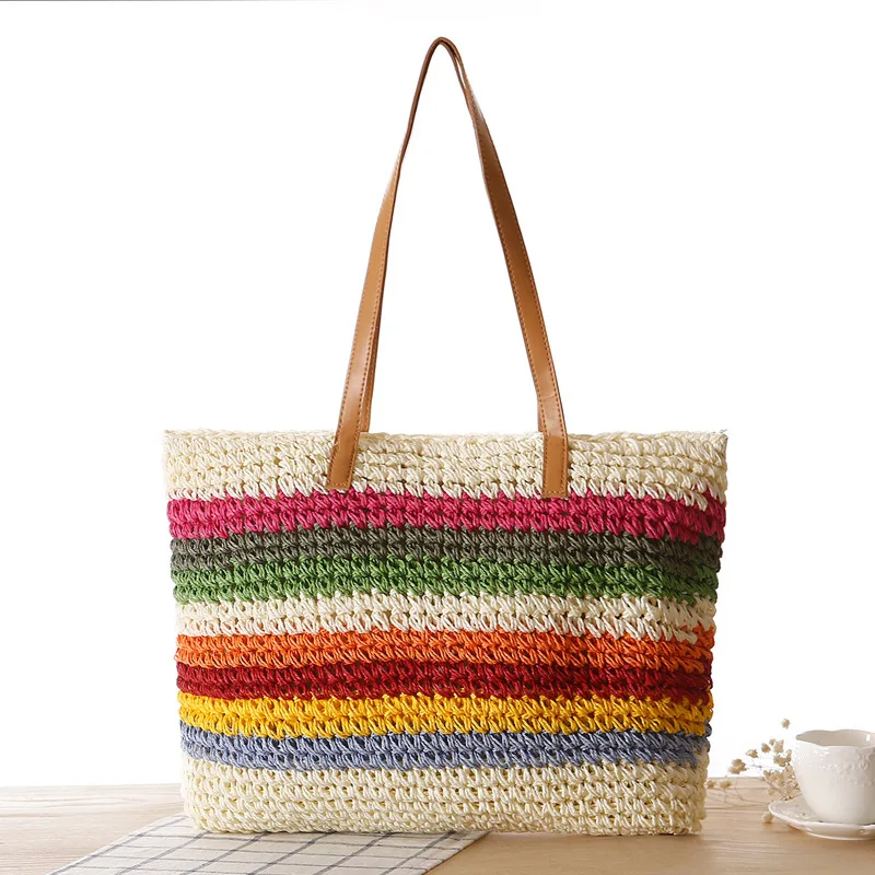 

Rainbow Stripe Shoulder Bag with Woven Grass Design for Beach and Casual Look