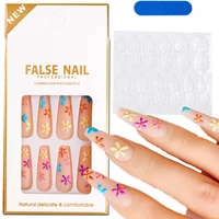 24pcsset detachable long coffin fake nails with 5d embossed flower full cover false nails acrylic ballerina coffin nail tips