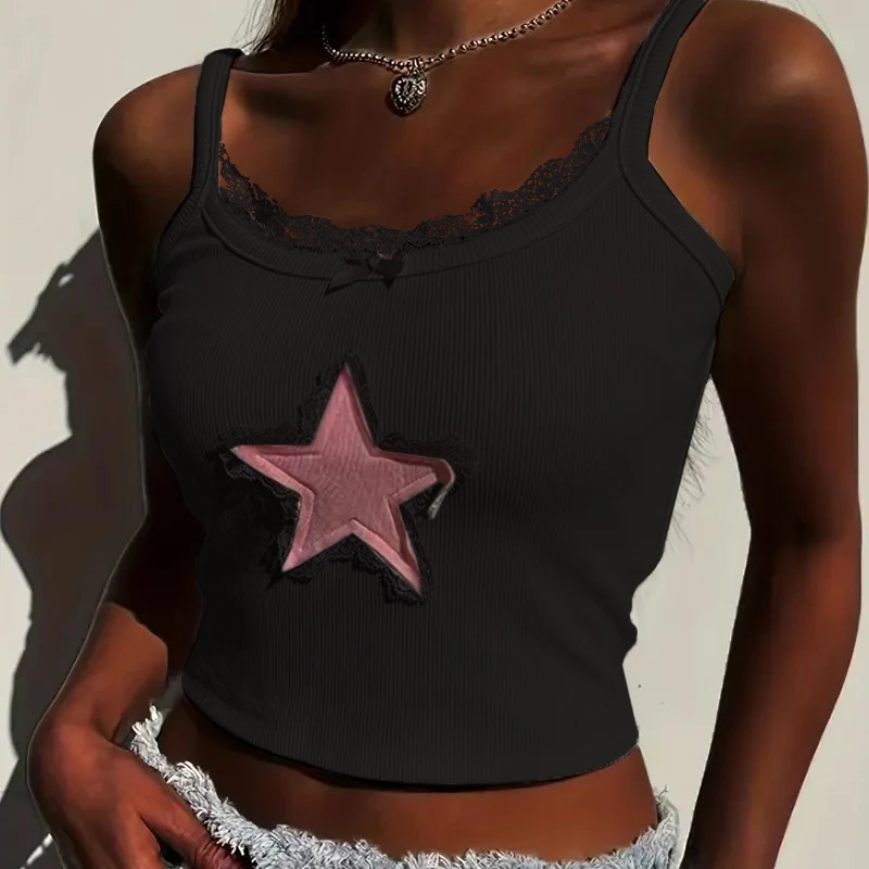 Y2k эстетичный розовый Звездный принт гранж Женская кружевная Милая майка без