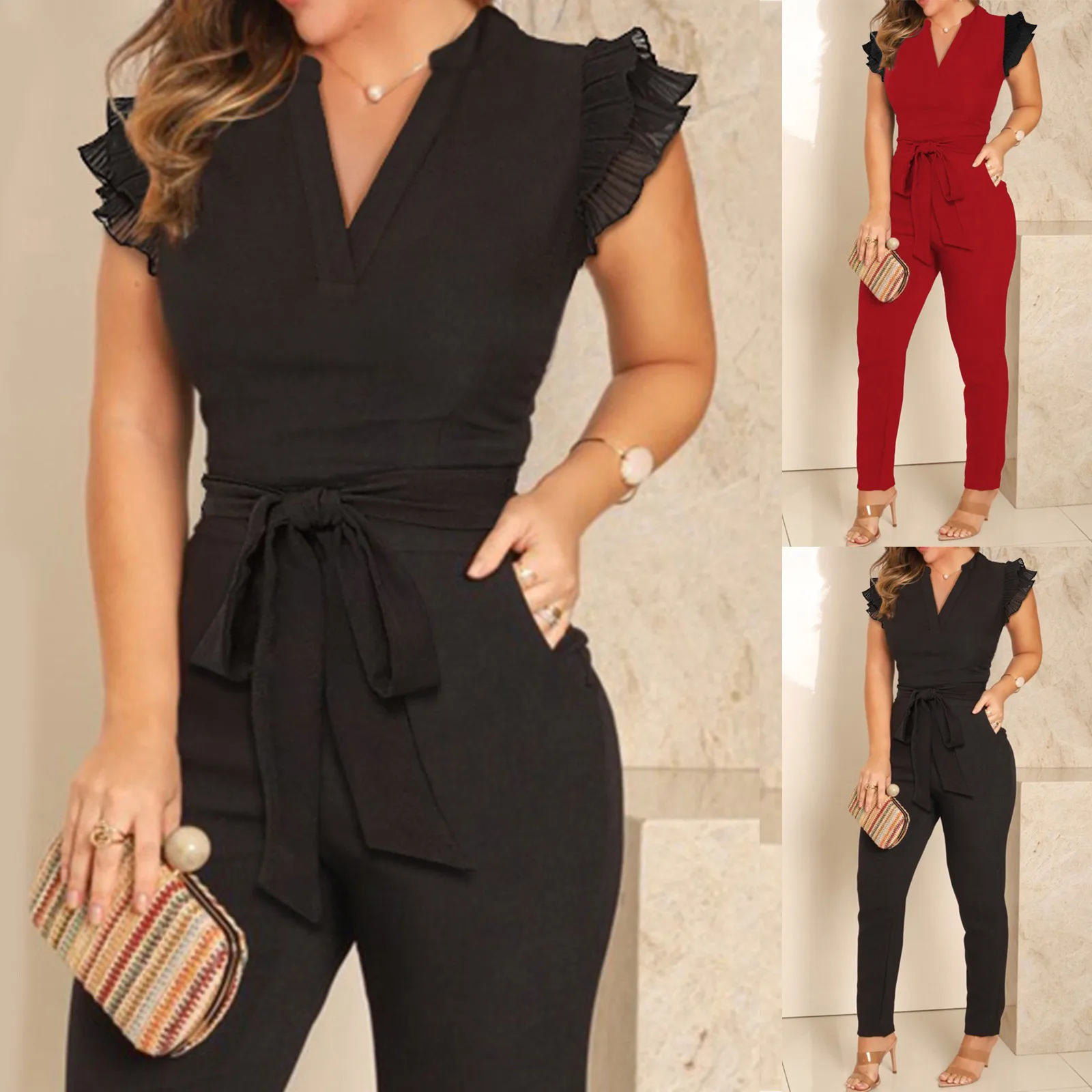 

2022 Women's One Piece Suit Long Pants V-neck Flying Sleeve Pleated Jumpsuit With Belt Summer Casual Romper Loungewear Sexy Ropa