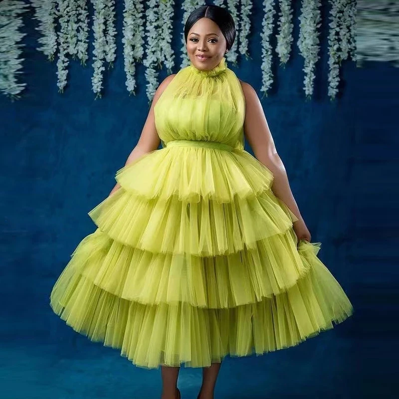 Aso Ebi Neon Green TieredTulle Maxi Women Dresses To Birthday Party Halter Ankle Length Prom Gowns Puffy Gowns