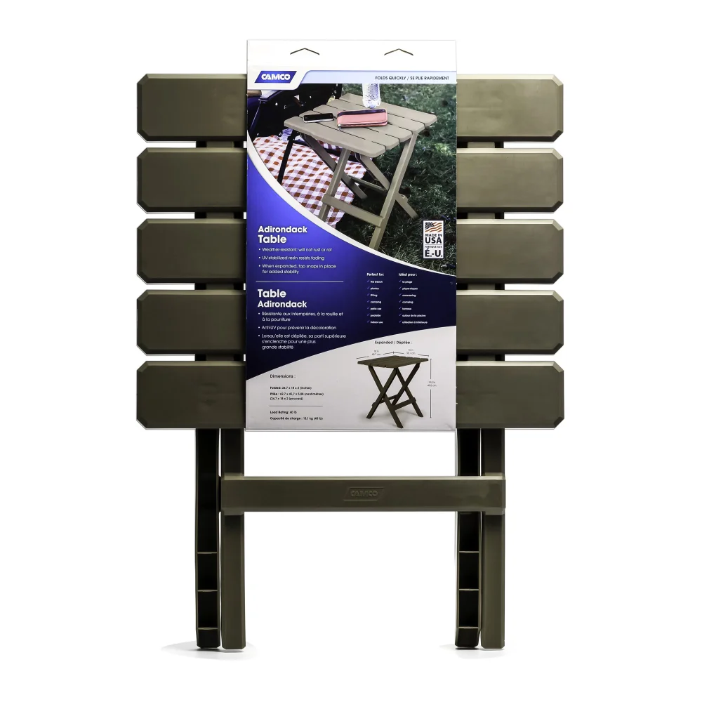 

Camco Adirondack Table | Measures 18-inches, 15-inches, and 19.5-inches High | Large, Durable Plastic folding table camping