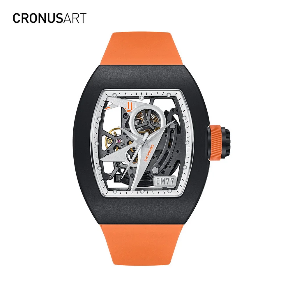 Фото Мужские автоматические часы CRONUSART 50 мм, механические наручные часы Tonneau с люминесцентным сапфировым стеклом, ремешок из фторкаучука, скелетонизированный циферблат в стиле авиаторских часов №5