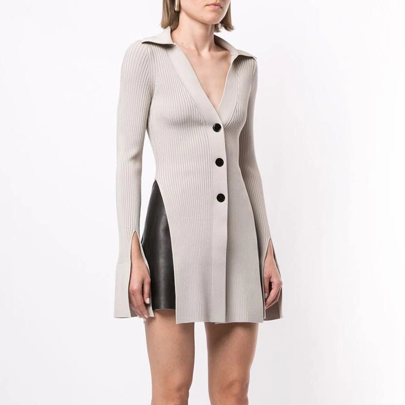 Модный вязаный свитер средней длины с Боковым Разрезом и V-образным вырезом