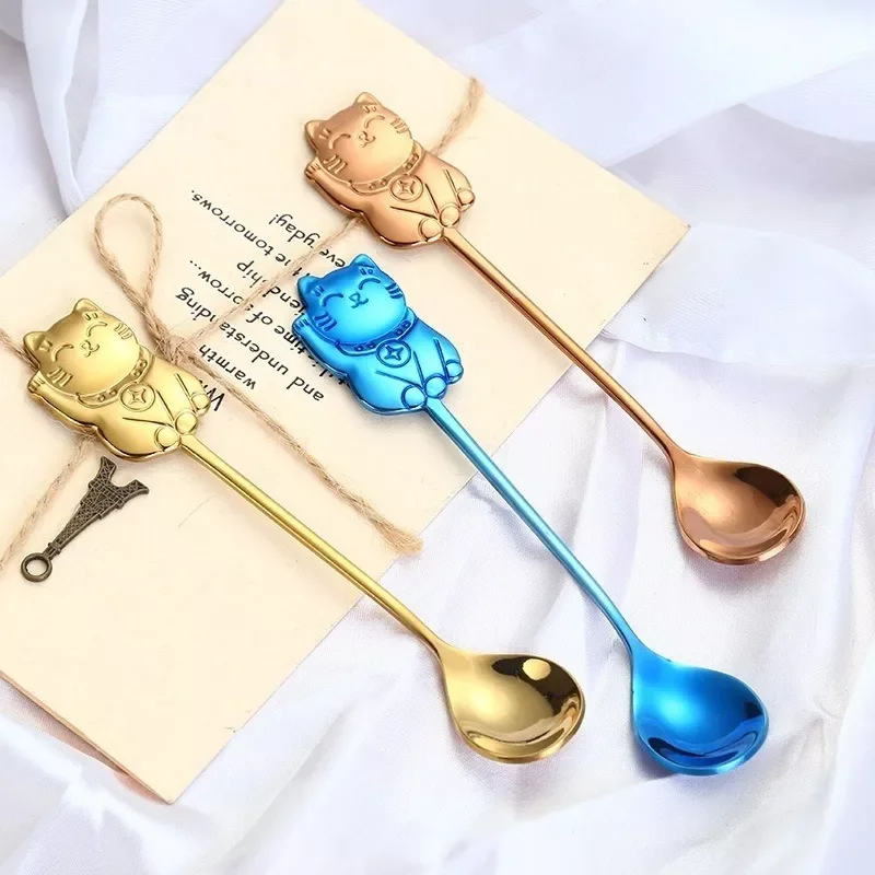 

2022New Creative 304 Stainless Steel Cartoon Lucky Cat Spoon Gift Coffee Stirring Spoon Ice Cream Ice Cream Dessert Spoon