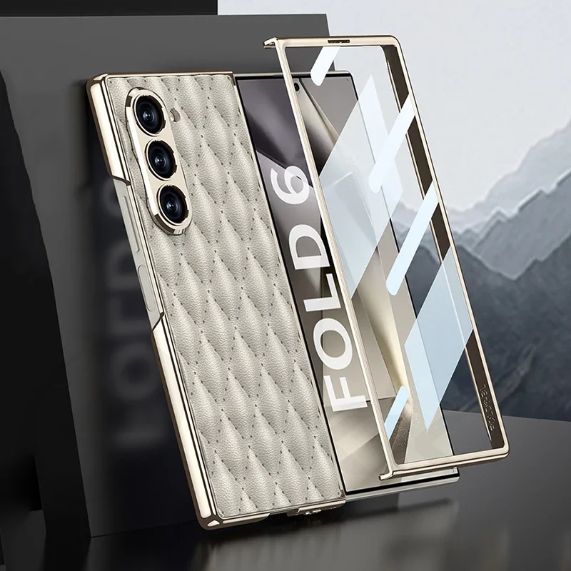 Фото Для Samsung Galaxy Z Fold 6, чехол из ромбовидной кожи с роскошным покрытием, стеклянный защитный чехол для камеры, чехол для Galaxy Z Fold6 5 №3
