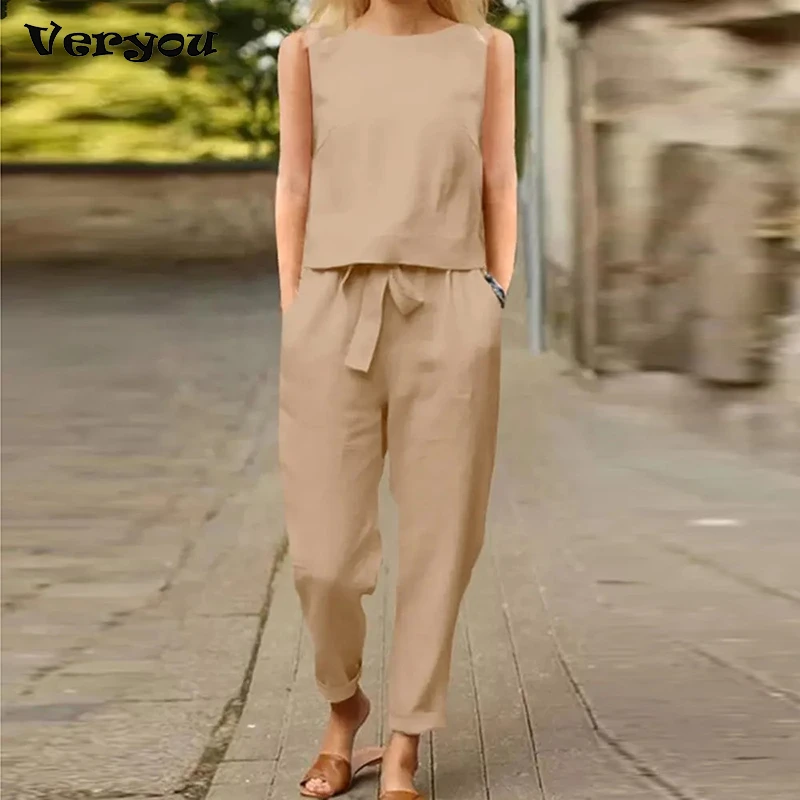 

2023 New Summer Women 2 Piece Set Sleeveless O Neck Shirt Vest High Waist Drawstring Pocket Pants Suit Female Casual Outfits