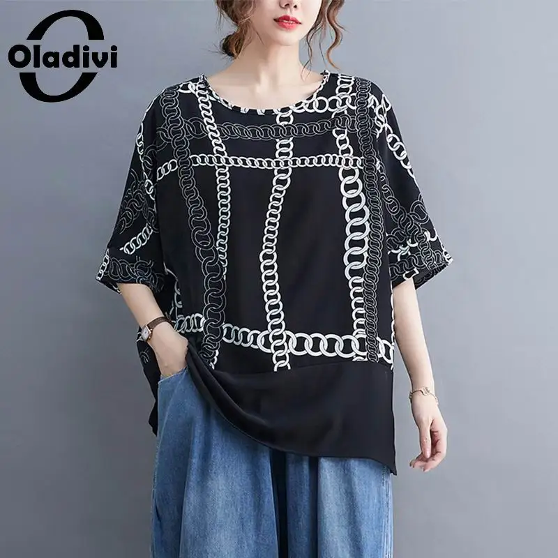 

Oladivi Oversized Fashion Print Short Sleeve Chiffon Blouse Shirts Women Casual Loose Tops Summer Big Tunic 3XL 4XL 5XL 6XL 7XL