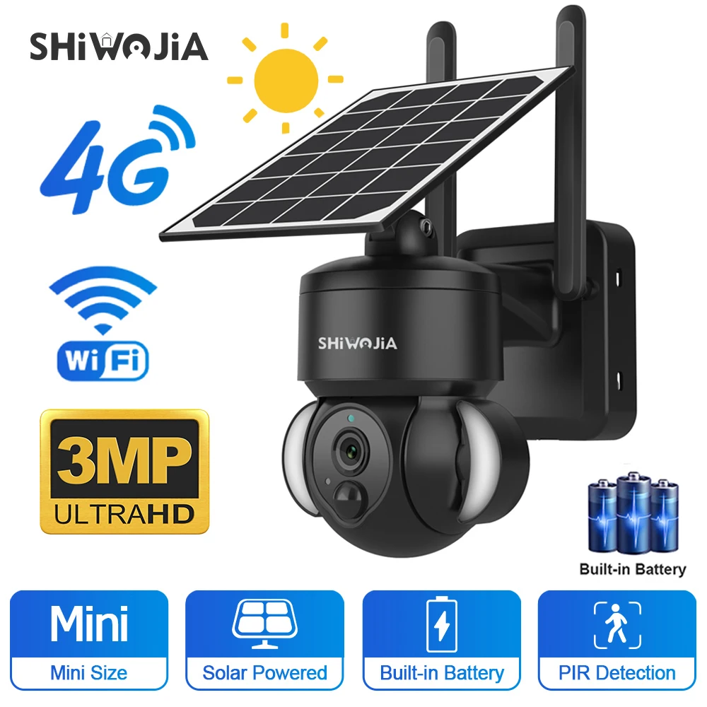 

SHIWOJIA WIFI PTZ Solar Camera 4G SIM 3MP Outdoor 3W Solar Panel Camera PIR Detection Two Way Audio Security Protection CCTV Cam