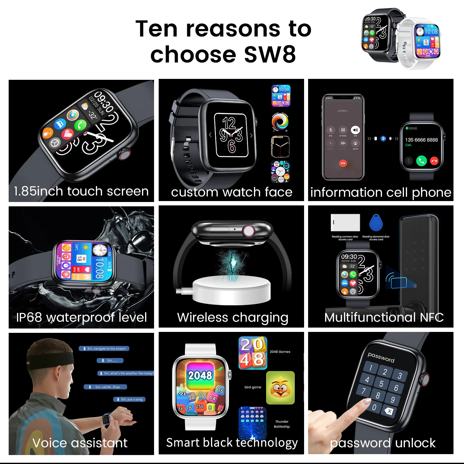 2022 new sw8 1 85 inch bluetooth call smart watch women music sports for apple watch series 7 samsung iwatch men xiaomi watch free global shipping