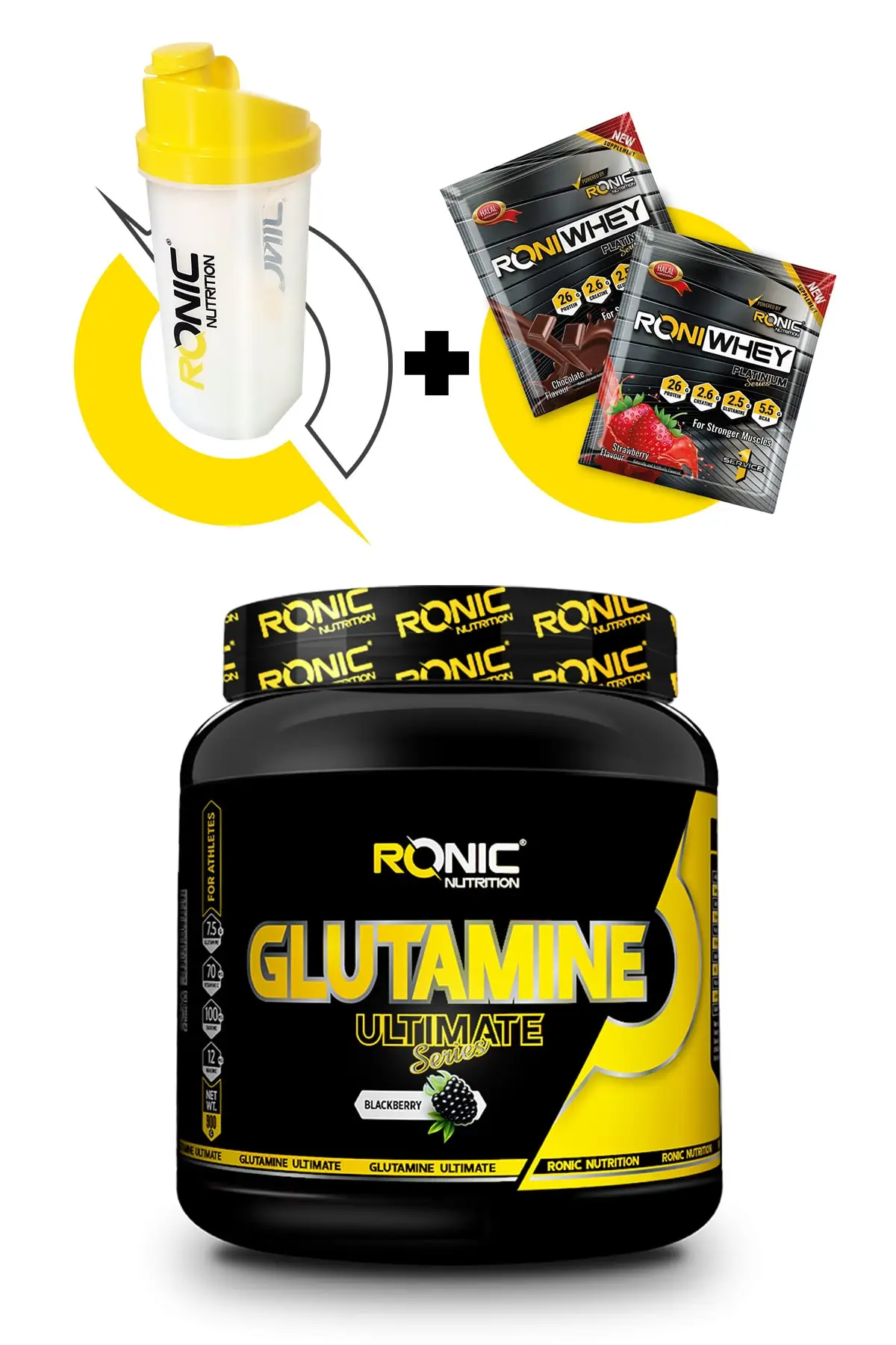 

Glutamine Ultimate 900 G (blackberry Flavored) + Shaker And 2 PCs Disposable Whey Protein Gift