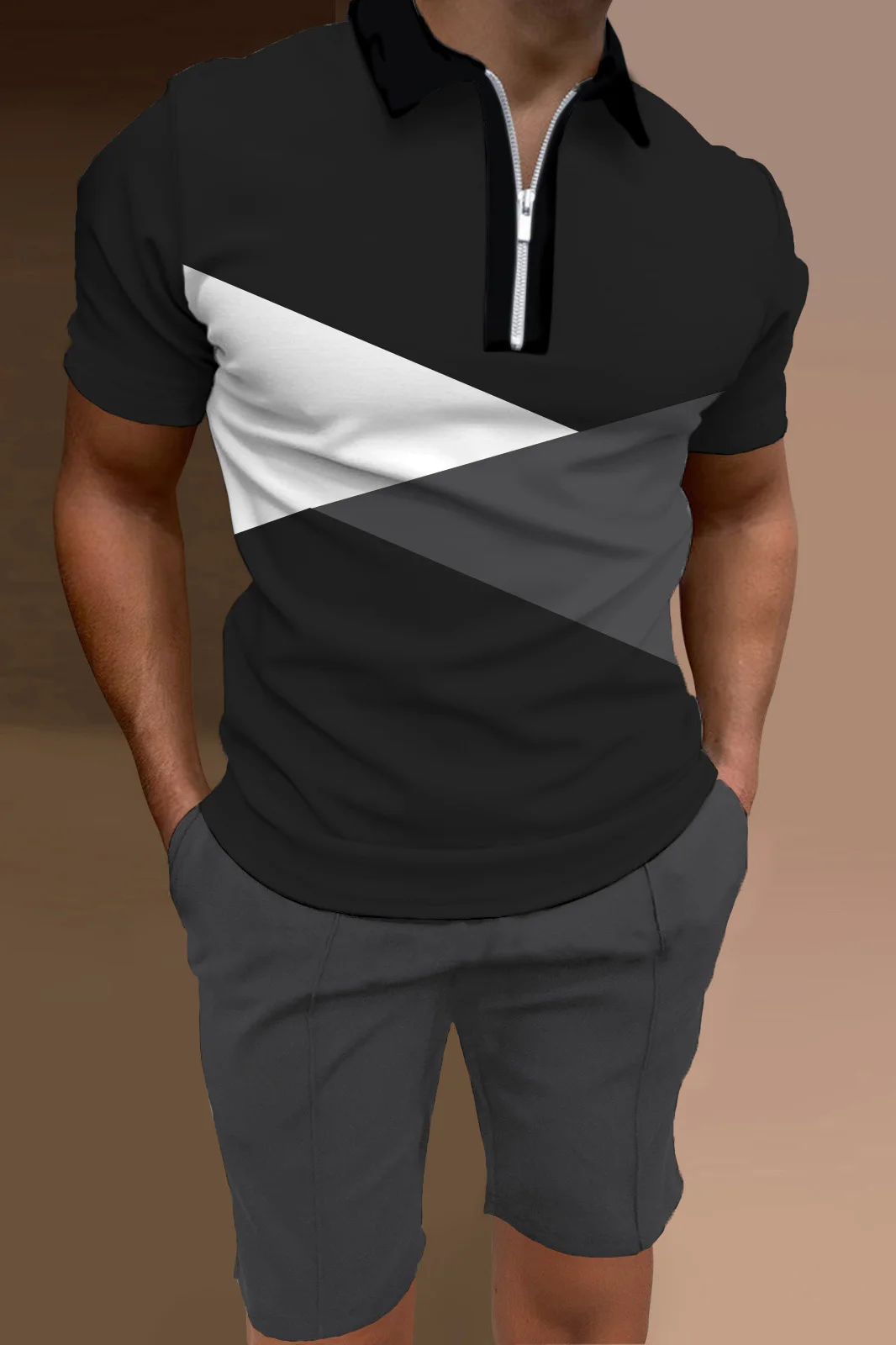 2023 Men Fashion Geometric 3D Printed Summer V-neck Zipper Short Sleeve POLO Shirt + Shorts Two-piece Men Casual Suit Oversized