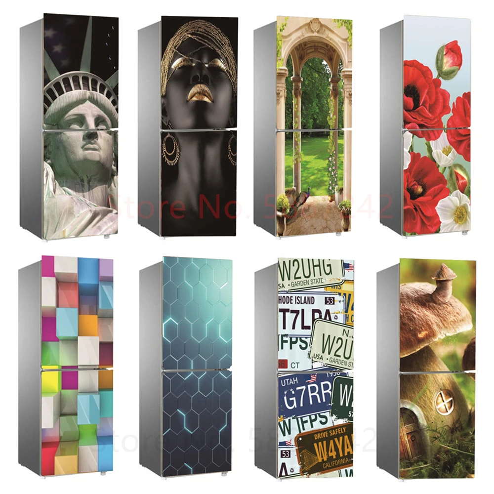 

Vinyl Fridge Stickers Full Door Cover Woman Flower Self-adhesive Refrigerator Wallpaper Kitchen Food Plants Poster Double Decals