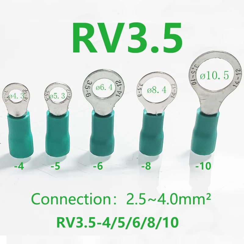 

50PCS Crimp Terminal RV3.5-4/5/6/8/10 Insulated Ring Connector Terminal AWG14-12 Tubular Cable Lug Wire Insert 2.5-4.0mm² Max37A