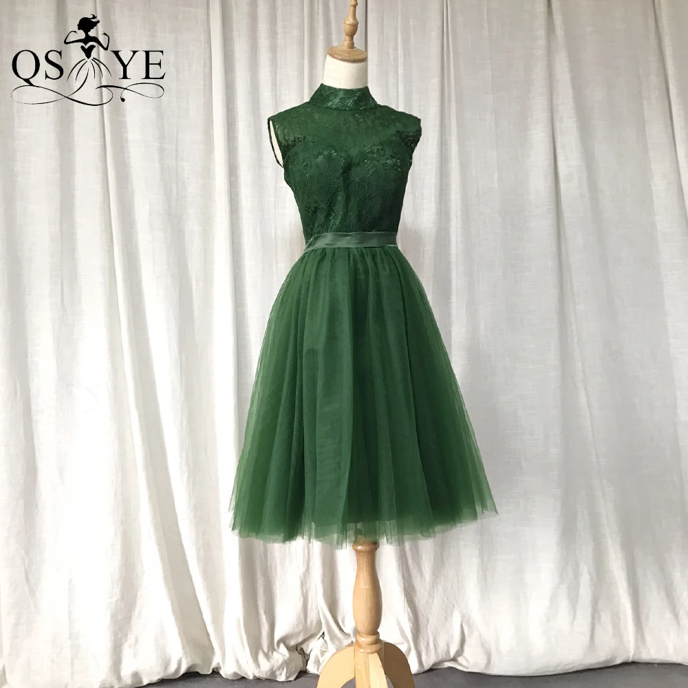 

Emerald Green Homecoming Dresses High Neck A line Tulle Party Gown Lace Open Keyhole Back Girl Short Prom Dress Satin Belt