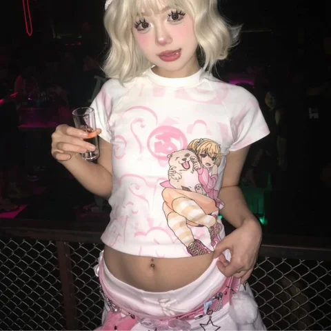 Deeptown Kawaii Y2k розовый полиэстер футболка короткая