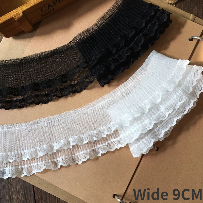 

9CM Wide Double Layers White Black Mesh Pleated Lace Fabric Embroidery Frilled Ribbon Fringed Elastic Ruffle Trim Sewing Decor