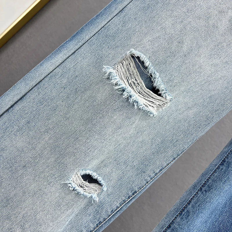 High Waist Ripped Wide-Leg Jeans Female 2023 Spring and Summer New Thin Loose Diamond-Embedded Trousers Baggy Jeans Women