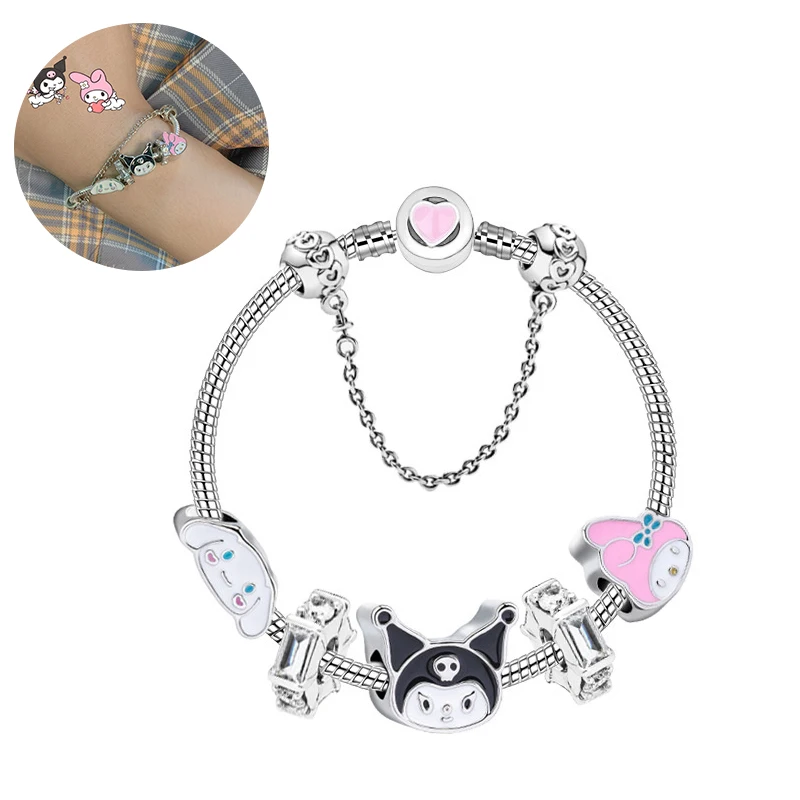 

Sanrios Classic Cinnamoroll Kuromi Melody Pendant DIY Beaded Bracelet Silver Color Heart Charm Jewelry Bracelet Pulsera Mujer