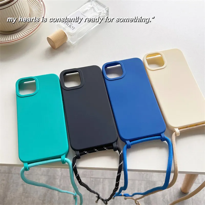 

Crossbody Necklace Lanyard Strap Rope Cord Liquid Silicone Case For iPhone 13 12 11 Pro Max XS XR X 8 7 Plus SE 3 11 Soft Cover