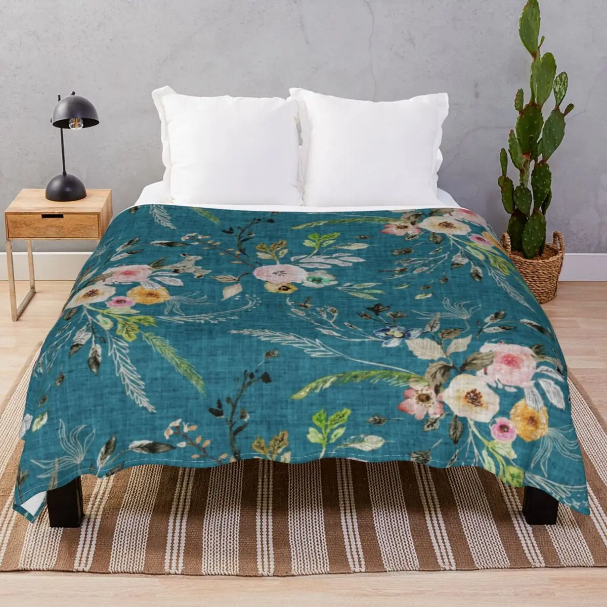 Teal Floral Blanket Fleece Print Warm Throw Blankets for Bed Sofa Camp Cinema