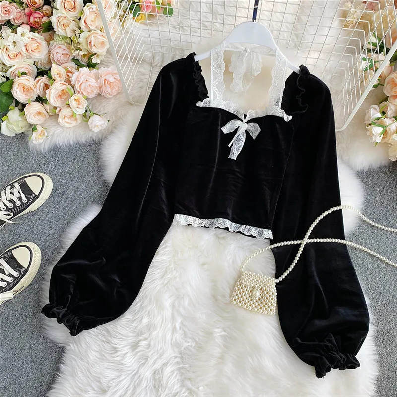 

Sexy Women Lace Square Collar Velvet Blouse Female Spring Autumn Puff Long Sleeve Short Tops Black Sweet Patchwork Shirts 2022