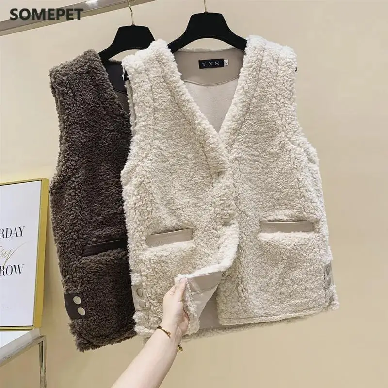 

Lamb Hair Vest Women Velvet Waistcoat Tops Fur Coat Autumn Winter New Outer Short Fur Vest Cotton Padded Jacket Waistcoat