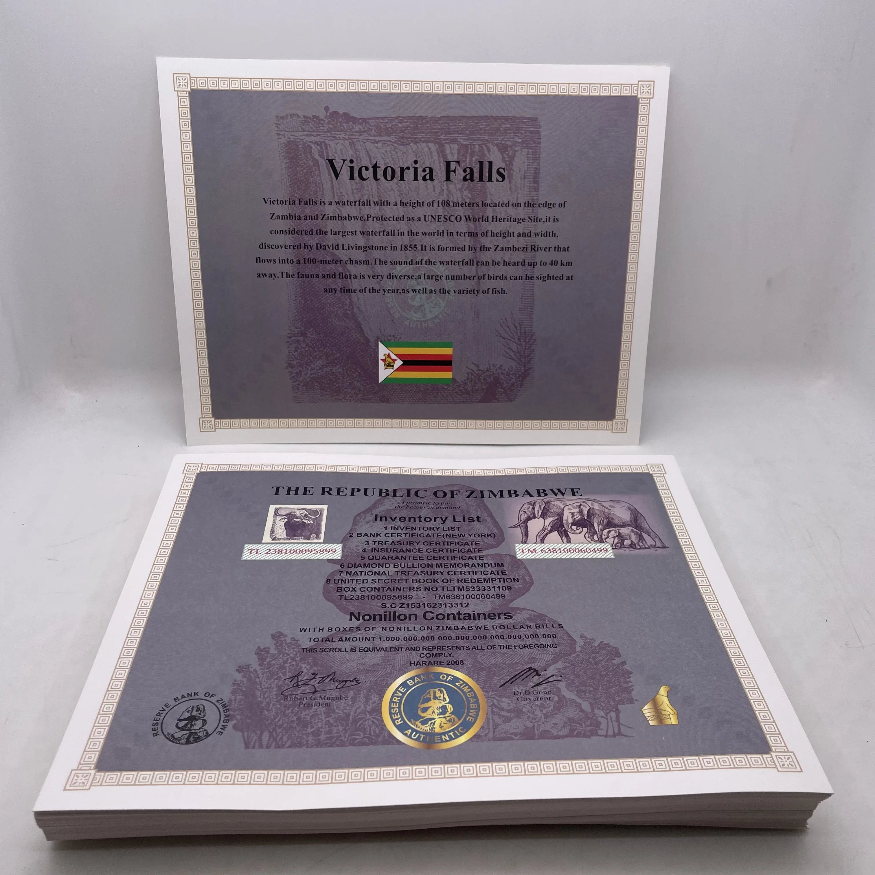 

22x28cm 100pcs/lot Zimbabwe Big Stone Certificate for 100 Trillion Dollars Zimbabwe Gold Banknotes Good Selling