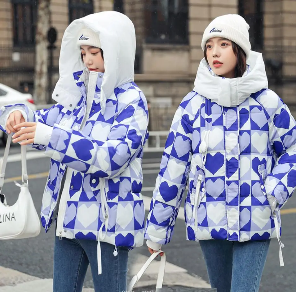

Женский пуховик с капюшоном, теплый пуховик оверсайз с принтом в форме сердца из хлопка, свободная куртка-пуховик для зимы, 2023