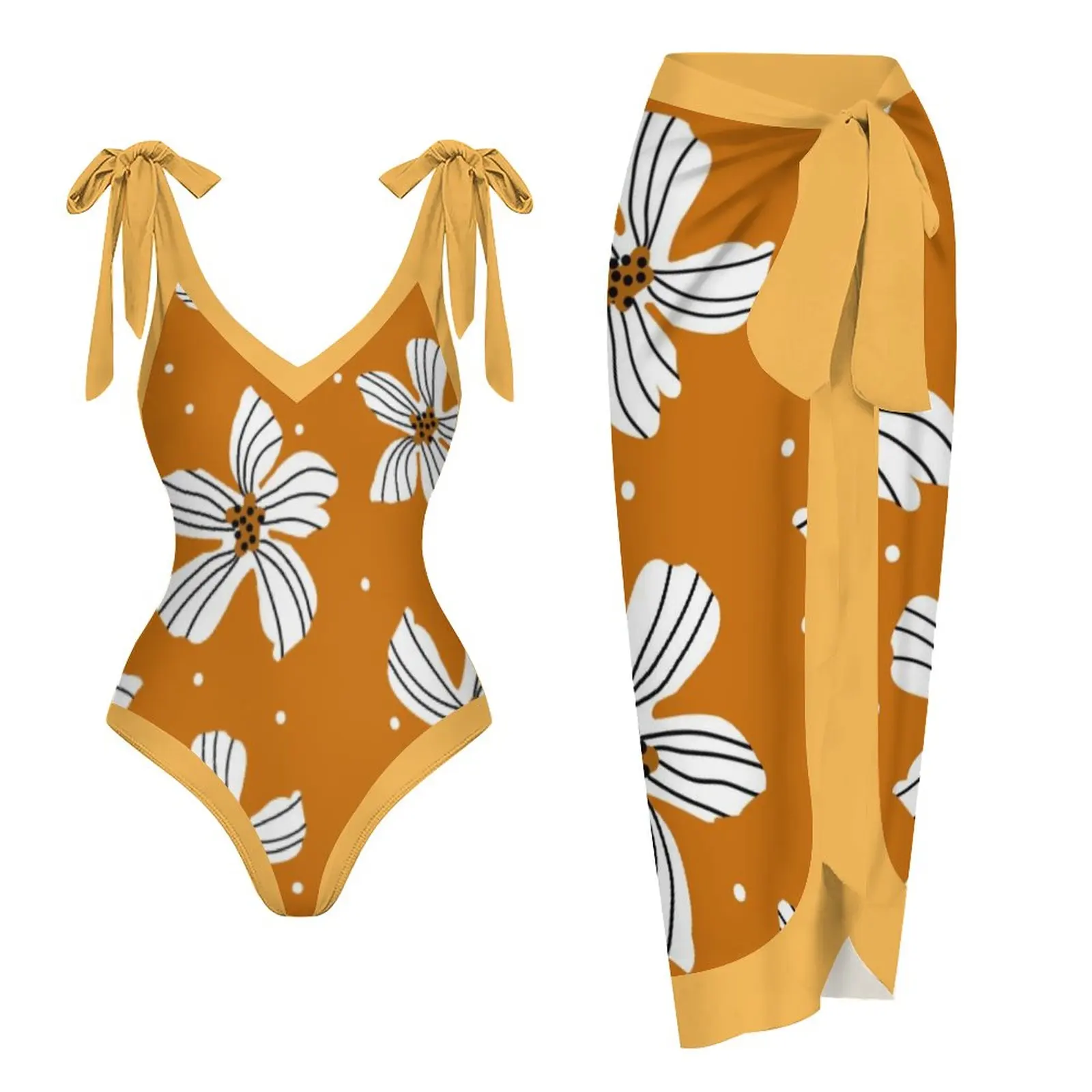 

Women's Orange V-Neck Swimsuit, Bowknot Strap Swimsuit, One-Piece Beachwear, Sexy Summer Floral Printed Swimwear, Cover Up, 2023