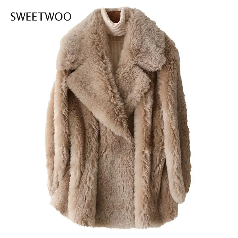 New Luxury Faux Fur Coat Women Turn Down Collar Sheep Fur Jacket Female Winter Warm Thick Slim Fur Overcoat Outerwear Tide 2022