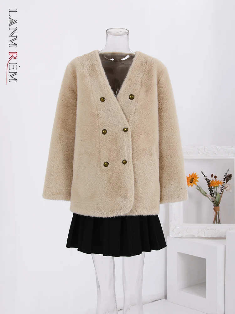 

LANMREM Korean Style Faux Fur Women's Coat V Neck Thick Warm Double Breasted Jackets Fashion 2023 Winter New Clothing 32C394