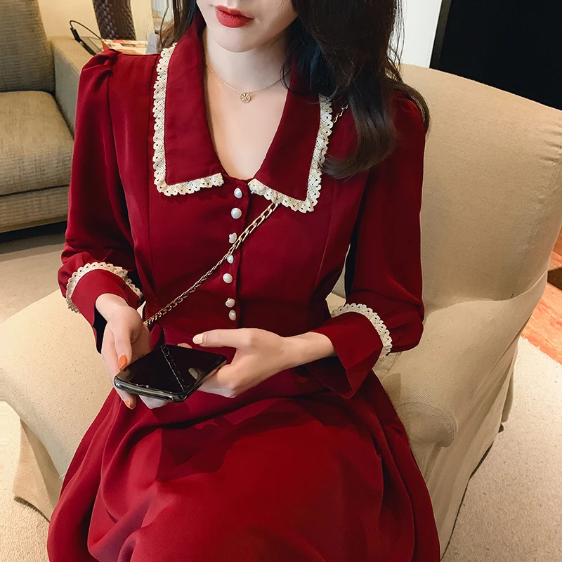 

Женское однобортное платье-рубашка, Элегантное Длинное Красное платье-рубашка с фениминовым дизайном и пуговицами во французском стиле, 2023