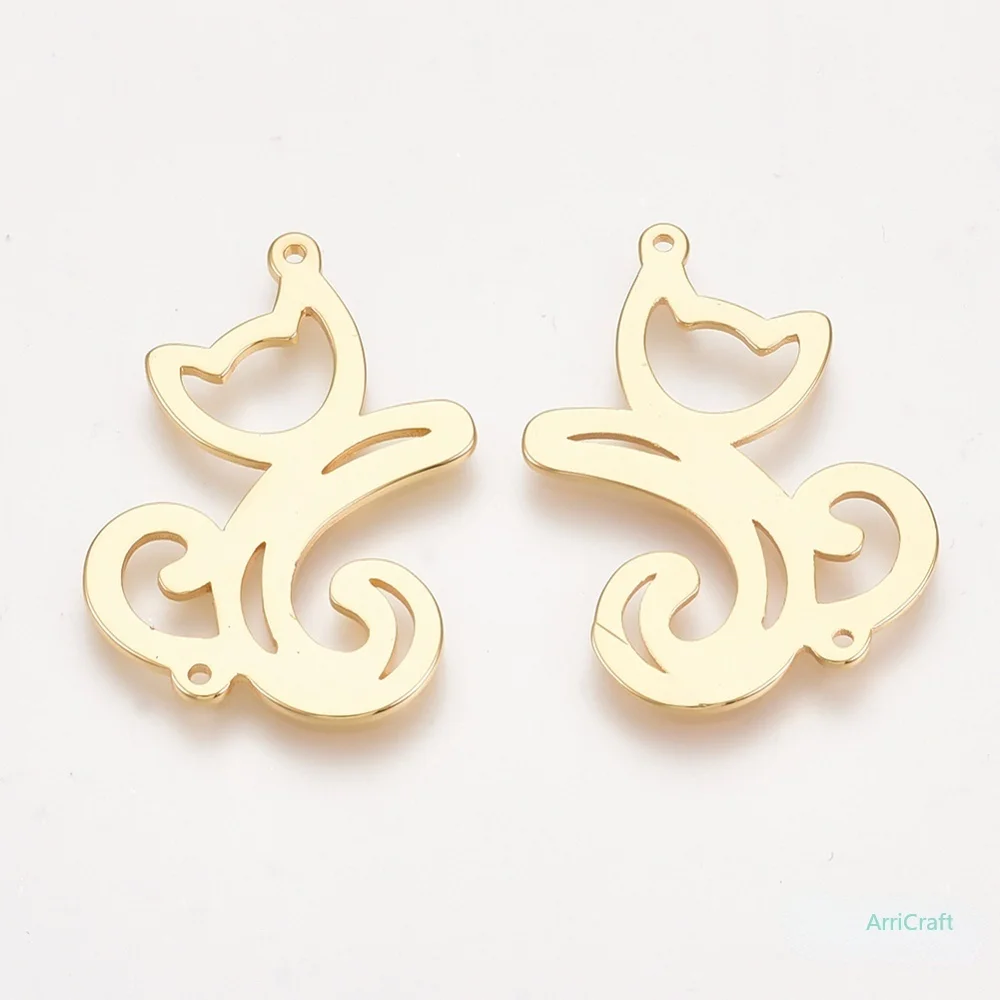 

2-20pcs Brass Links connectors Cat Nickel Free Real 18K Gold Plated 26x17.5x1mm Hole: 1mm