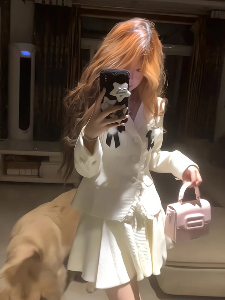 Элегантный костюм UNXX Rich Hei осенний в стиле колледжа пиджак с поясом и юбка высокой