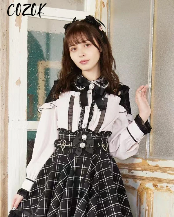 Японская рубашка блузка кружево розовая милая с милым бантом полый топ длинными