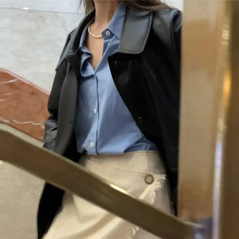 Chic Autumn Fashion Retro Lapel Motorcycle Jacket Short Loose Long Sleeved Leather Coat Women Korean Leather Blouse Jackets