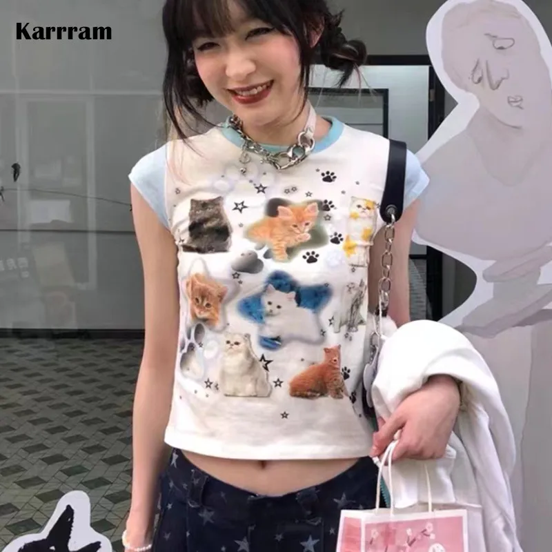 

Karrram Y2k Aesthetics Tops Japanese Harajuku T-shirt 2000s Kawaii Cat Print Short Sleeve Tee Shirts Fairycore Patchwork Tshirt