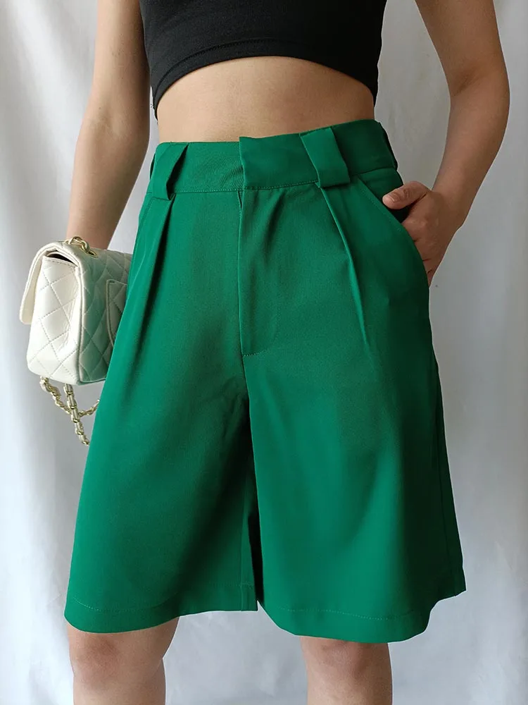 

Summer Women's Shorts Loose Casual Green Purple Bermuda Shorts for Women Fashion Pocket High Waist Knee Length Wide Leg Short