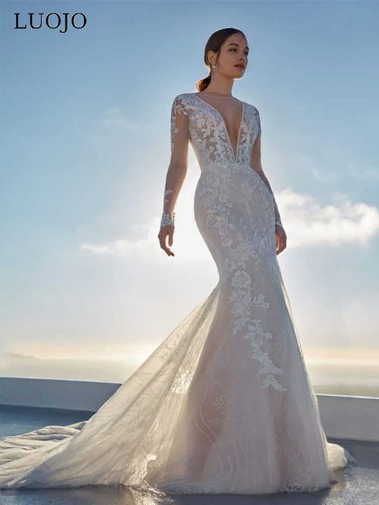 

LUOJO Boho Wedding Dress Mermaid 2022 O-neck Full Sleeves Backless Appliques Tea-length Bridal Gown For Women Vestidos De Novia