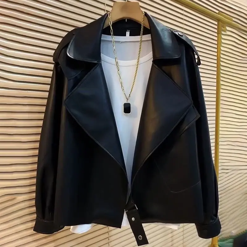 Весенне-осенняя однотонная модная кожаная одежда с отложным воротником и