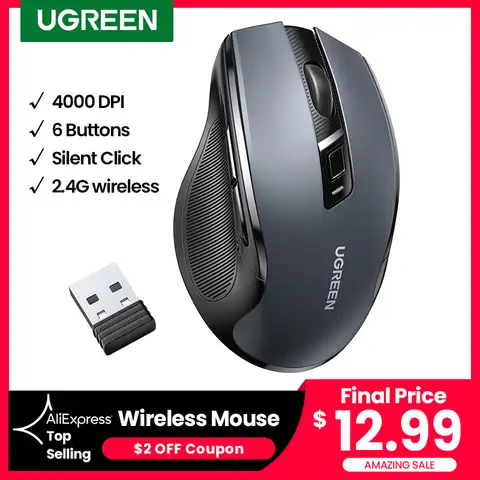 【Top Sale】UGREEN мышь беспроводная эргономичная мышь 4000 DPI Бесшумная 6 кнопок для MacBook планшета ноутбука Бесшумная мышь Тихая 2,4G мышь