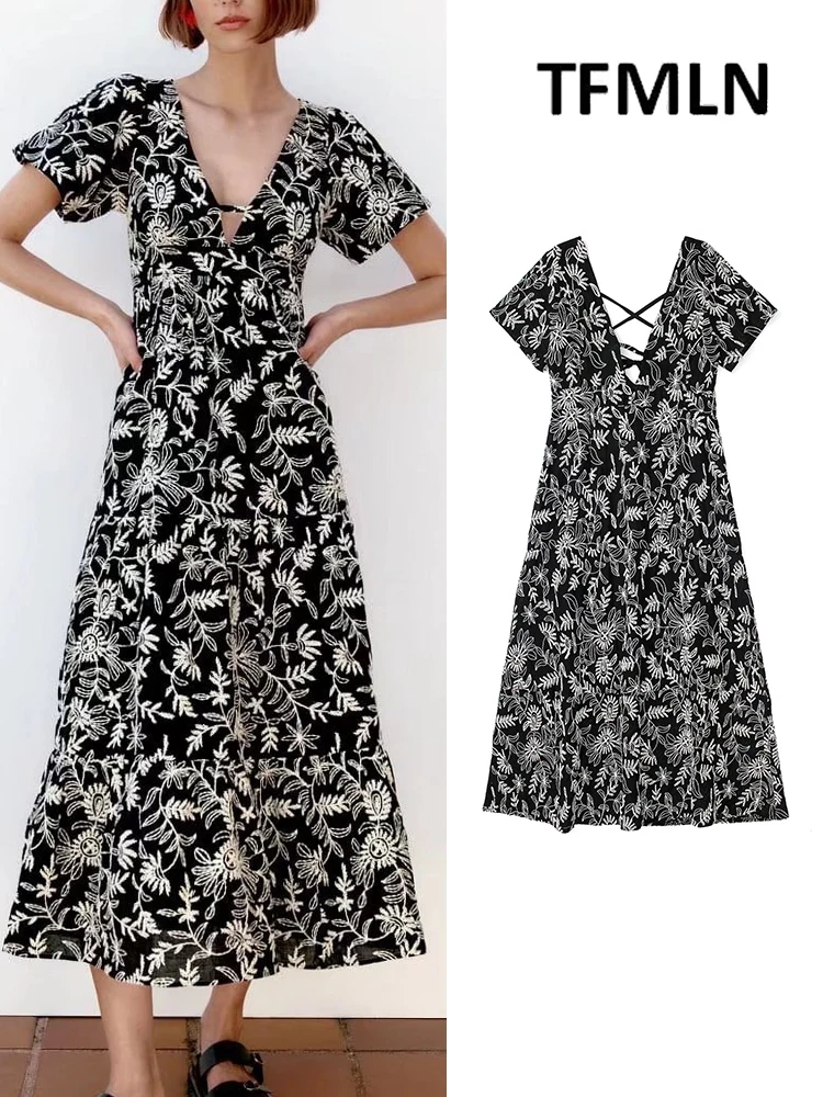 

TFMLN 2022 летние женские платья с вышивкой Глубокий V-образный вырез сексуальные платья с коротким рукавом с открытой спиной бандаж пляжная мод...