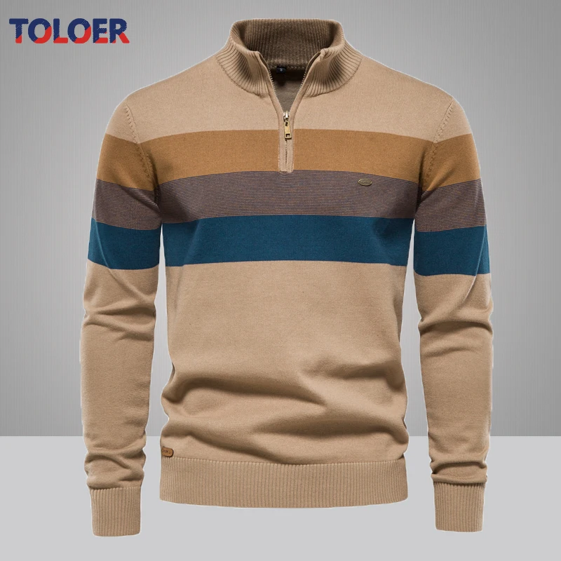 

Мужской пуловер в стиле пэчворк, свитер, хлопковый Повседневный свитер на молнии с ложным воротником для мужчин, новая зимняя мода, теплый свитер для мужчин, вязаный