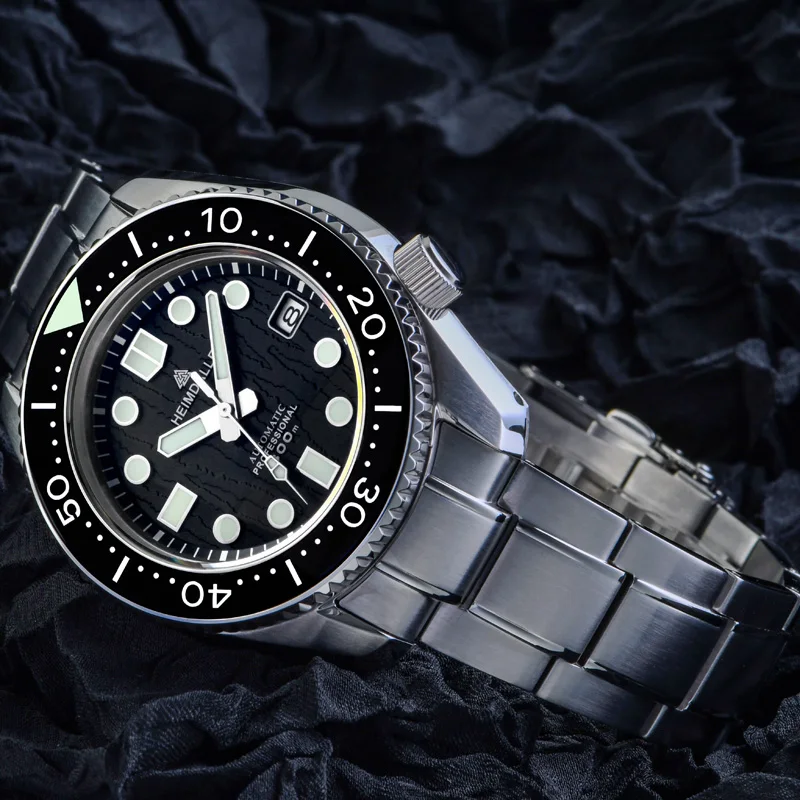 Фото Мужские часы Heimdallr MM300 Diver, водонепроницаемые до 30 АТМ, с сапфировым стеклом, светящимся покрытием C3, сталью 316L, автоматическим механизмом NH35, браслетом из 3 звеньев. №4
