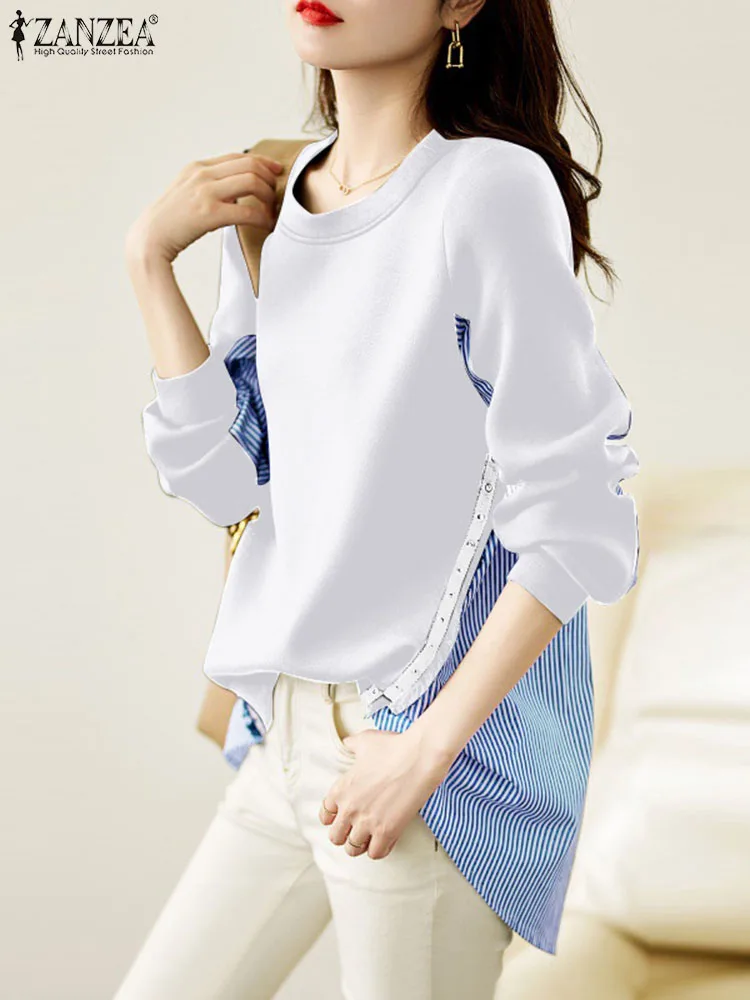 

Autumn Long Sleeve Tops Oversized Sweatshirts ZANZEA Women's Patchwork Blouses Elegant Striped Hoodies Causal Loose Pullover