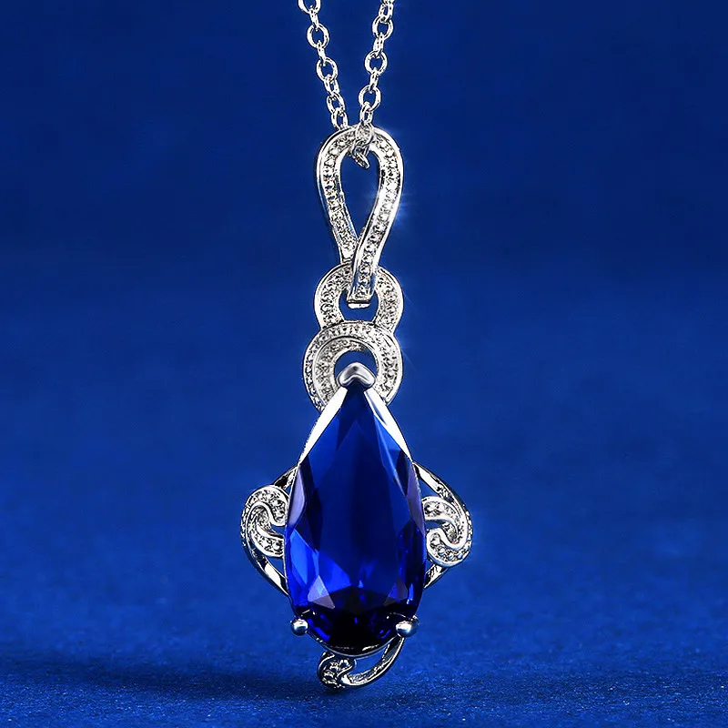 

Luxury Water Drop Shaped Blue Zircon Wedding Anniversary Ladies Necklace Silver Chain Girlfriend Birthday Gift Fashion Jewelry