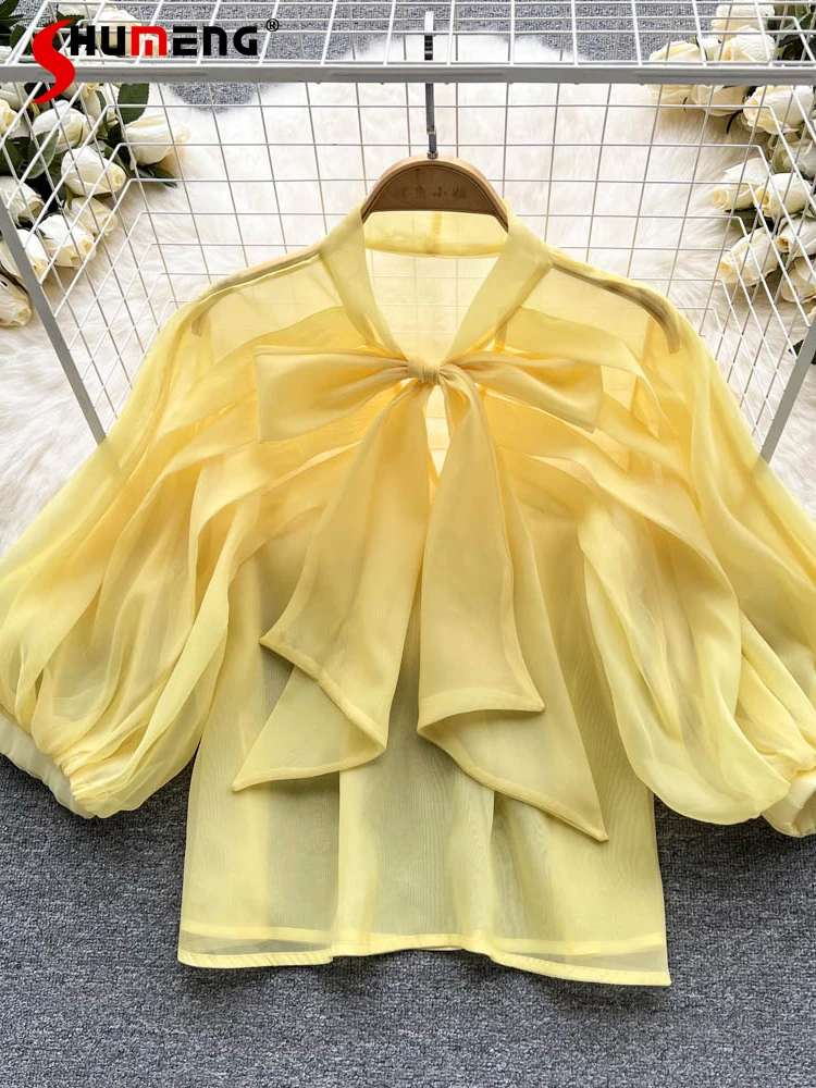 

Elegant Bow Lantern Long Sleeve Chiffon Shirt Women's Clothing 2022 Spring New Fashion Office Lady Commuter Loose V-Neck Blouses