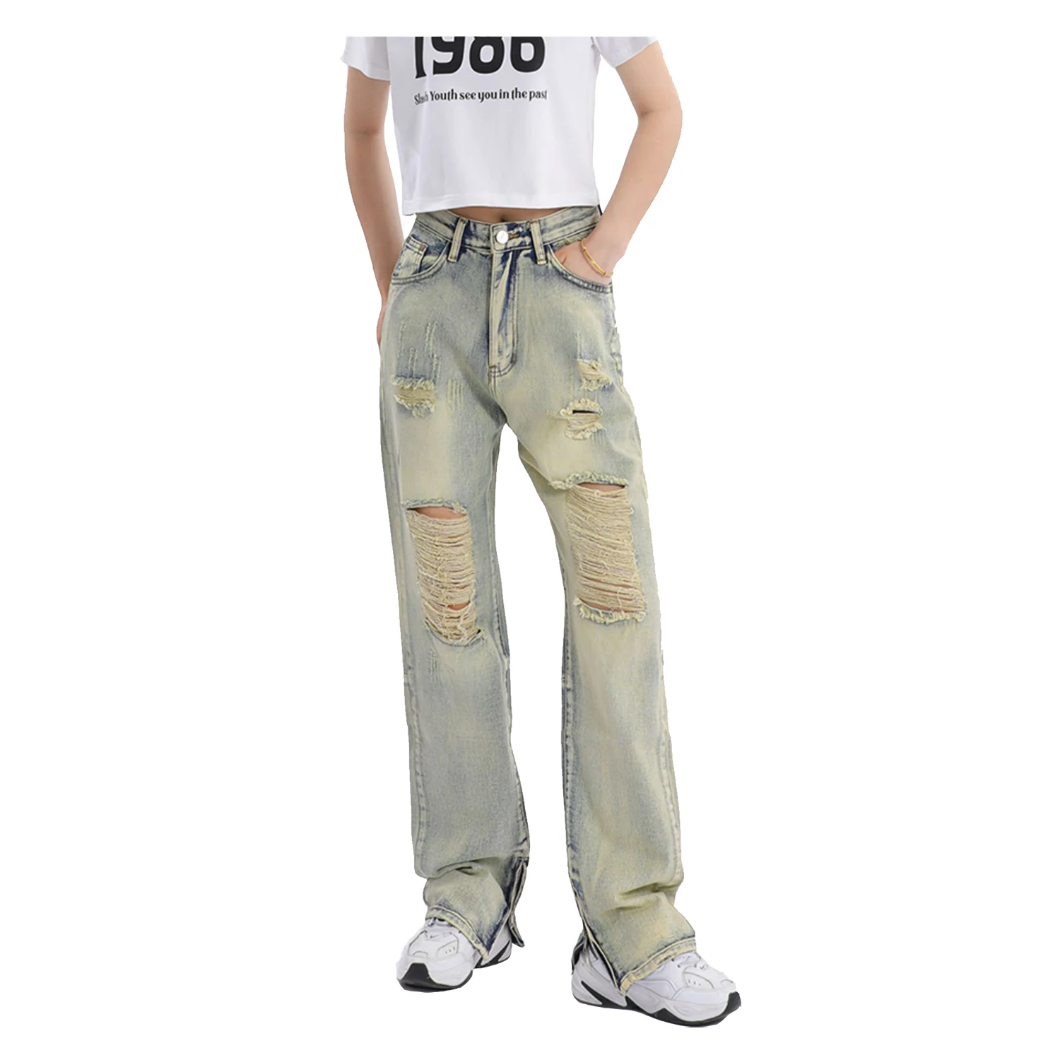 

American High Street Washed Destroyed Jeans Pants Yellow Mud Dyed Ripped Jean Men and Women Hip Hop Thin Slim Fit Denim Jeans