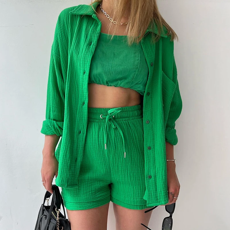 

Fashion Casual Shirt and Drawstring Shorts Women 2 Piece Set Long Sleeve Pleated High Waist 2023 Pocket Lady Suit Outfits 26302